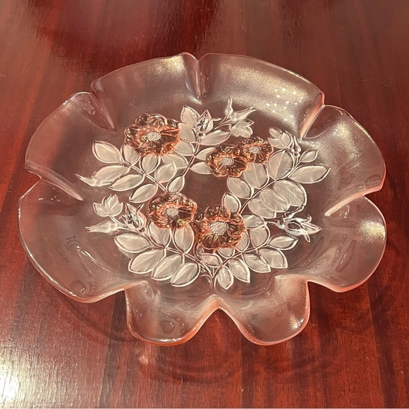 Vintage Mikasa Rosella Pink Crystal Platter Frosted Roses Walther-Glas 1990s 13” - Picture 7 of 9